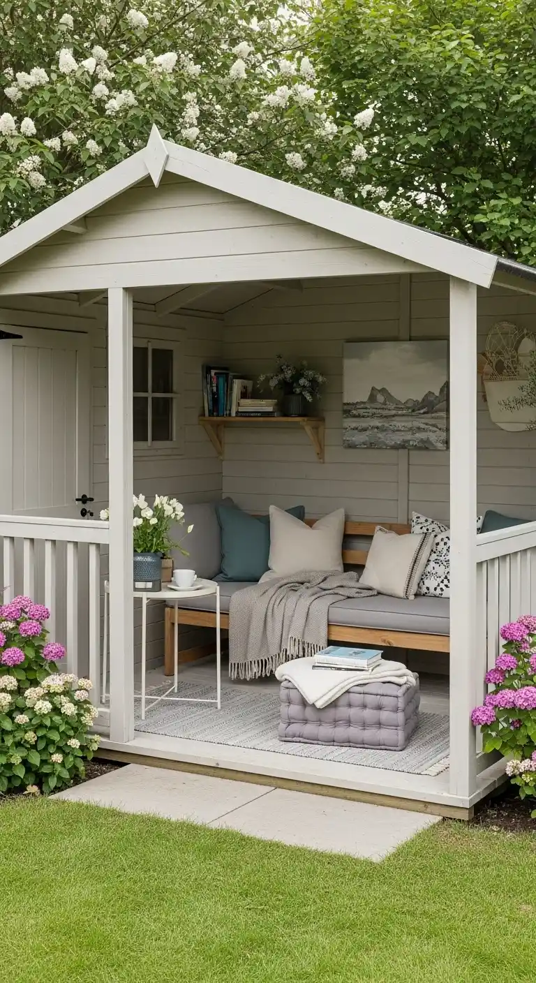 Cozy Reading Nook Garden Shed With Porch Design