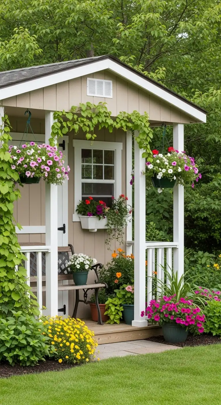 Flower-Filled Garden Shed With Porch Entrance