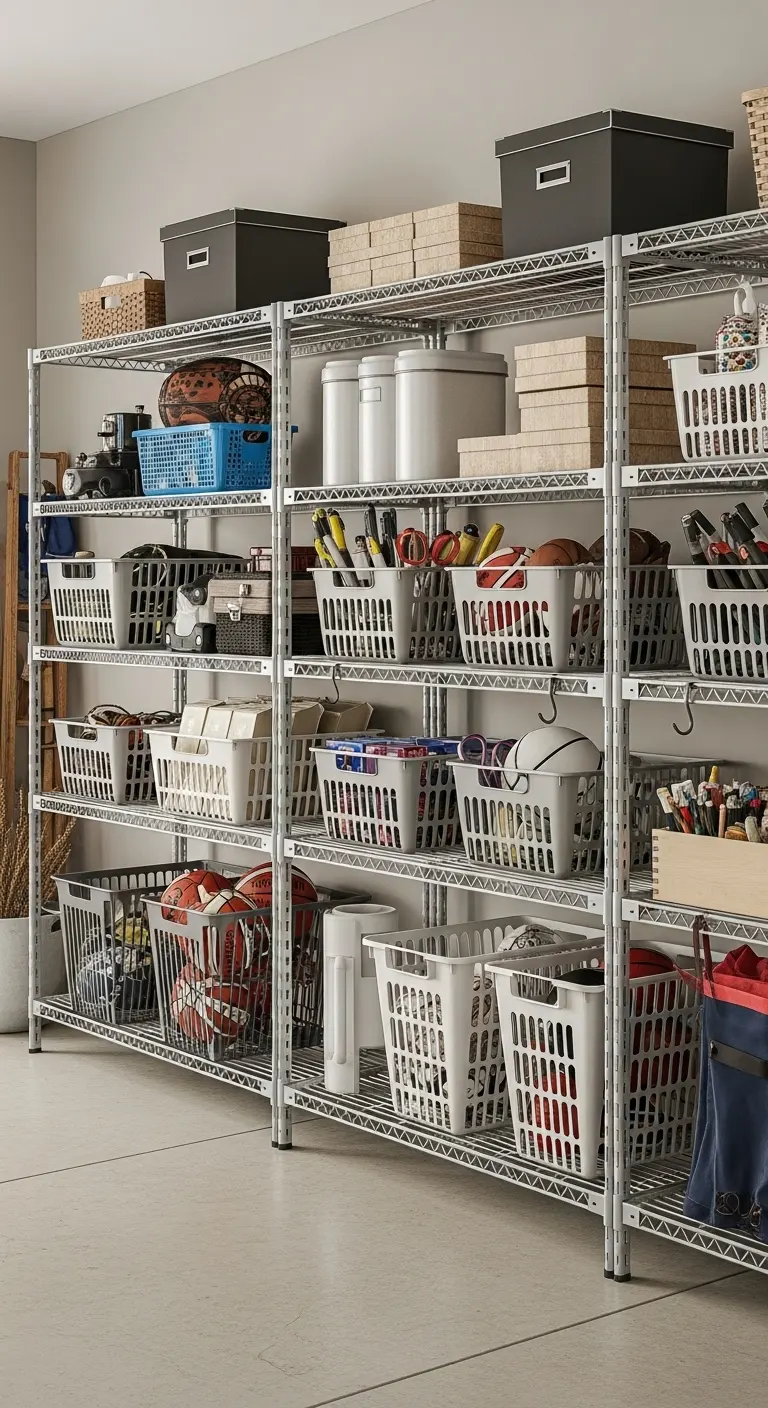 Grid Shelving with Baskets for Versatility